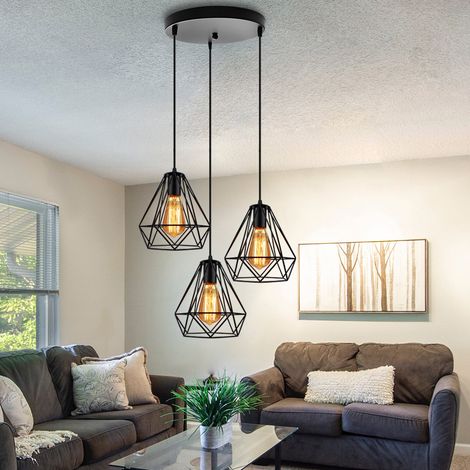 Industrial Pendant Light Retro Black Metal Ceiling Light Ø20cm Diamond Hanging Light Vintage 3 Lights Spiral Chandelier Fixture for Kitchen Island (1/5)