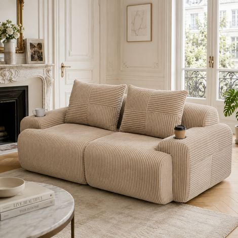 Canapé modulable 2 places en velours côtelé, combinable à volonté, livré sous vide avec porte-gobelet intégré et poche de rangement latérale — idéal pour salon, salle familiale et autres pièces — coul (1/5)