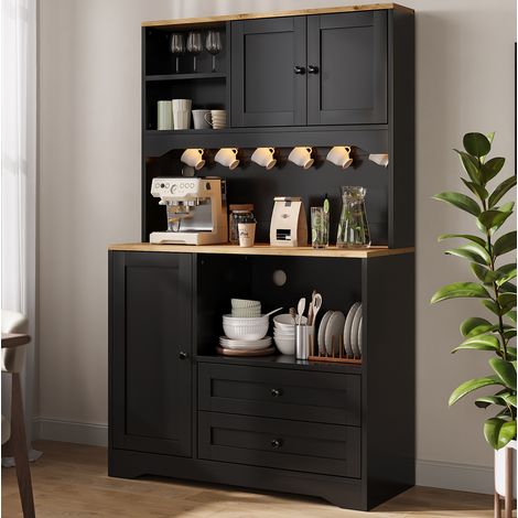 Mobile cucina alto 100 x 40 x 163 cm con LED, prese, USB e nicchia microonde nero HAVRYA (1/5)