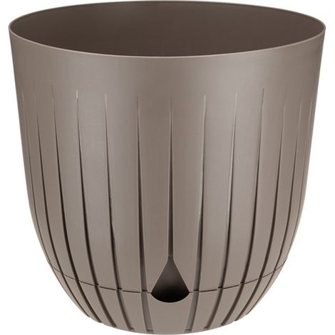 Vaso da fiori in plastica BRITTA con sottovaso, misura 3, diametro 21 cm, motivo a coste e scanalature, plastica, colore tortora, beige-marrone, opaco (1/4)