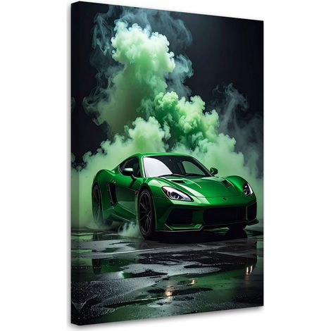 Quadro su tela, Auto sportiva verde nella nebbia, 30x45 (1/5)