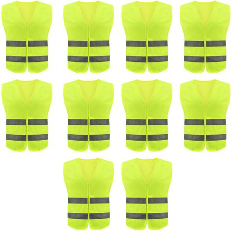 Lot de 10 gilets de sécurité haute visibilité pour travaux de circulation, course à pied, arpenteur et garde de sécurité – Gilet de construction avec 2 bandes réfléchissantes.-- (1/5)