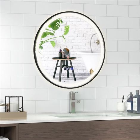 COSTWAY Beleuchteter Badezimmerspiegel, LED Badspiegel Wandspiegel mit 3-farbigem LED-Licht, Memory-Funktion & Antibeschlagfunktion, 60cm runder Kosmetikspiegel für Badezimmer
