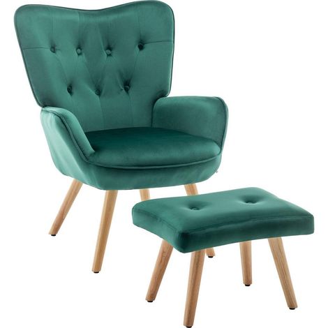 Fauteuil crapaud avec repose-pieds en velours vert, design moderne (1/5)