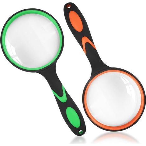 Confezione da 2 lenti d'ingrandimento 10x da 50 mm con impugnatura in gomma per lettura e scienze, colore verde/arancione (1/5)