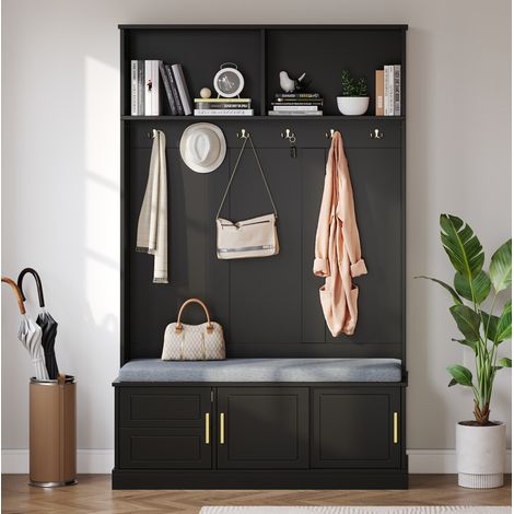 Vestidor de entrada 120x40x191 cm de madera negra, ahorro de espacio, FloraGrace (1/5)