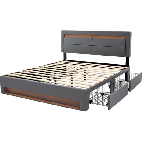 Polsterbett 140 x 190 cm aus grauem PU mit USB, LED-Beleuchtung und 4 Schubladen (1/5)