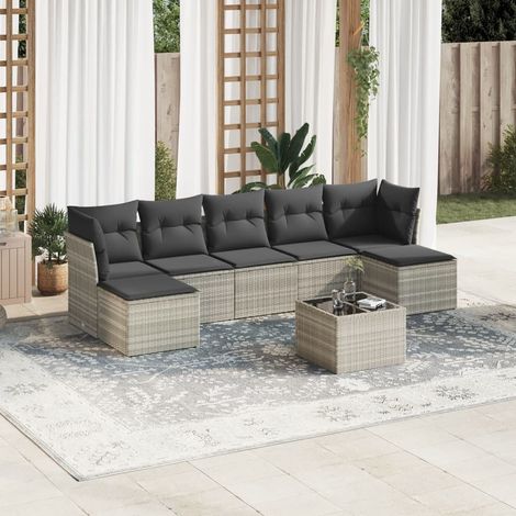 Ensemble salon de jardin 8 places résine tressée gris clair avec table en verre trempé, 3 sièges centraux, 2 sièges d'angle, coussins amovibles lavables (1/3)