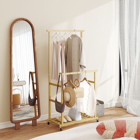 Portant à vêtements à roulettes, porte-manteau double barre en bambou avec étagère inférieure, 80x40x160cm, bois naturel