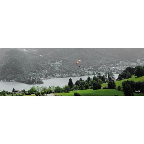 Tableau sur toile parapentiste lac d'Annecy 45x135 cm - Impression sur Toile Murale Décorative - Image imprimée en HD sur Toile - Toile sur Châssis en Bois FSC - Fabriqué en France (1/4)
