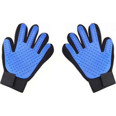 Guantes para el cuidado del pelo de gatos, guantes de silicona 4 en 1 para cepillar, masajear, bañar y eliminar el pelo guantes para el cuidado del pelo de perros (azul, mano derecha, mano izquierda). (1/5)