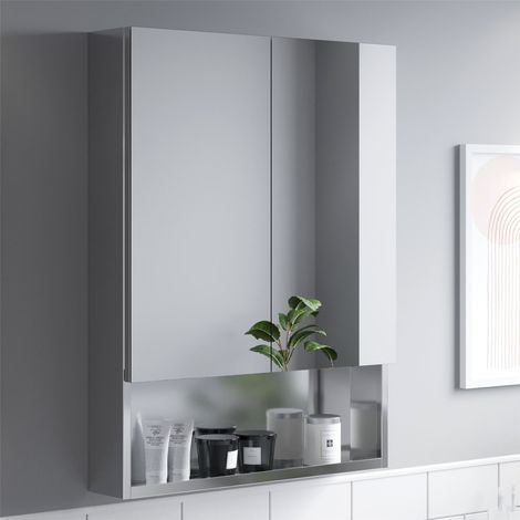 Bathroom Double Door Mirror Stainless Steel Shelf Modern Cabinet 600 x 800mm (1/5)