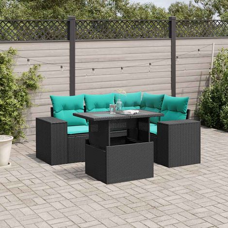 5-teiliges Gartensofa-Set mit Kissen, schwarzes Polyrattan (1/5)