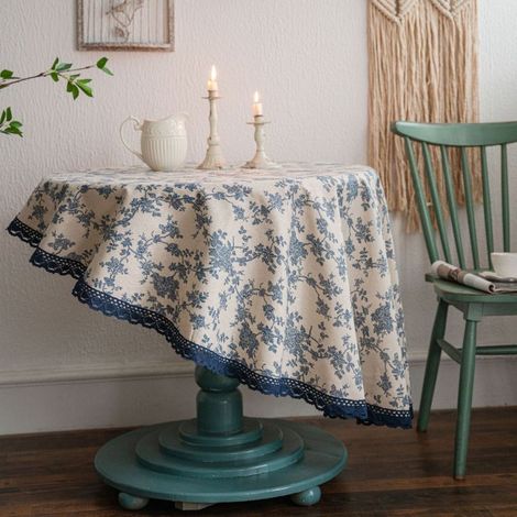 Nappe ronde Yiman Qiyun imprimée de roses bleues, en coton et lin, style vintage pour petites tables rondes (Rose bleue, Dentelle ancienne du Tibet, Ronde 150 cm) (1/5)