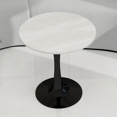 Table ronde en marbre blanc veiné 70cm, table à manger moderne style mid-century pour 2-4 convives, meuble bas noir élégant pour salon ou cuisine.