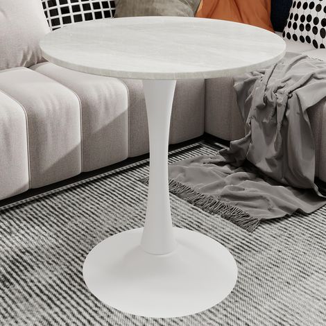 Mesa de centro redonda Ø70 cm — versátil (mesa de centro/comedor para 2-4 personas), mesa de comedor, tablero efecto mármol blanco, base de metal blanco, para salón/cocina (1/5)