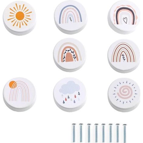 Lot de 8 boutons de meuble décoratifs en bois - boutons de meuble pour chambre d'enfant - poignées en bois - boutons de tiroir - commode - blanc. 8 boutons de meuble pour chambre d'enfant, coloris boi (1/5)