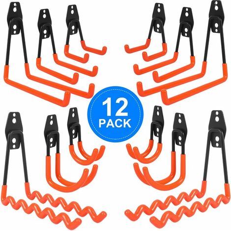 12 Pezzi Ganci per Organizzazione Garage, Ganci da Parete con Rivestimento Antiscivolo, Set di Ganci da Garage che Include Gancio a Onda, Gancio a J, Gancio Quadrato, per Attrezzi Elettrici, Biciclett (1/4)