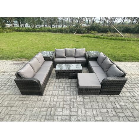 Fimous Salon de jardin 12 places Meubles de jardin avec Table basse 3 Tabourets 2 Tables d'appoint Gris foncé mixte (1/5)