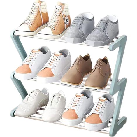 Petite étagère à chaussures à 3 étages- Petite étagère à chaussures - Rangement à chaussures stable et étroit- Organiseur de rangement pour entrée de placard, couloir, montage rapide - bleu (1/5)
