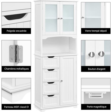 Yaheetech – Colonne de salle de bain avec 4 tiroirs – Placard 2 portes en verre trempé – Étagères réglables – MDF blanc 60 × 30 × 165,5 cm — vue 3