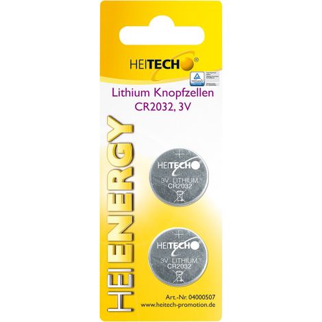 Heitech Lithium Knopfzellen, 2-er Pack, CR2032, 210 mAh, 3 V