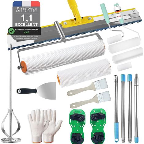 Kit Ciment Autonivelant Rouleau Debulleur 50cm Perche Telescopique Mélangeur 40cm, Chaussures à Pointes, Matériau Robuste, Lavable Facilement, Adapté aux Chantiers et Rénovations Domestiques (1/5)