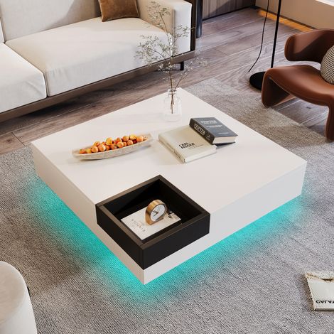 Mesa de centro de aglomerado blanco y negro 72 cm con caja de almacenaje extraíble y LED