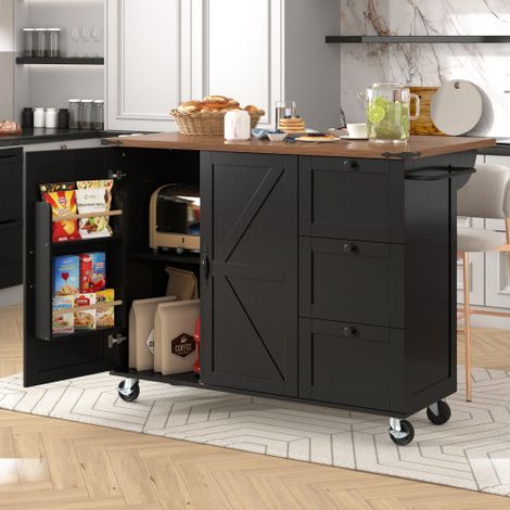 Îlot cuisine plan coulissant, 2 portes 3 tiroirs, rangement bois noir (1/4)