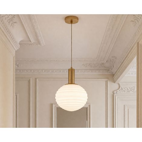 Suspension en métal et verre E27 ronde Ø 32 cm H : max. 150 cm dorée ou blanche moderne