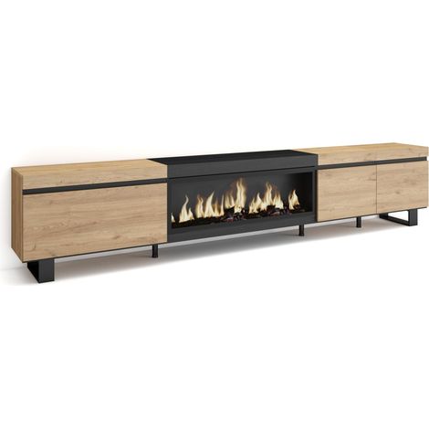 Skraut Home - Mueble TV, Televisión, Muebles de salón, almacenaje, 288x57x35 cm, Para TV gran formato, Chimenea eléctrica XXL, Diseño industrial, Estilo Moderno, Roble y negro (1/5)