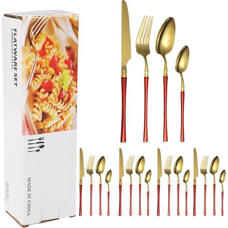 (Or et rouge) Couverts en acier inoxydable, comprenant un couteau et une fourchette à steak, une cuillère à dessert. (1/5)