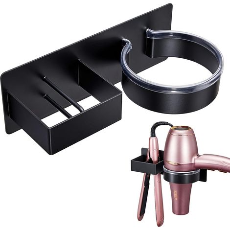 Support Seche Cheveux, Porte Seche Cheveux et Lisseur, Support Seche Cheveux sans Percage, Porte Seche Cheveux Mural, Rangement Seche Cheveux pour Salle de Bain (Noir) (1/5)