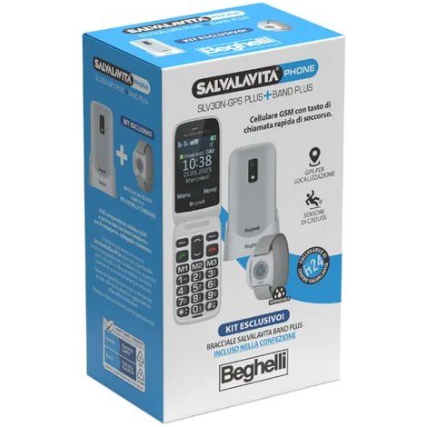 Beghelli Kit Salvalavita SLV30N GPS Plus ECO + Braccialetto SLV Band Plus, SOS GPS, Tasto Emergenza, Display 2.8", Grigio