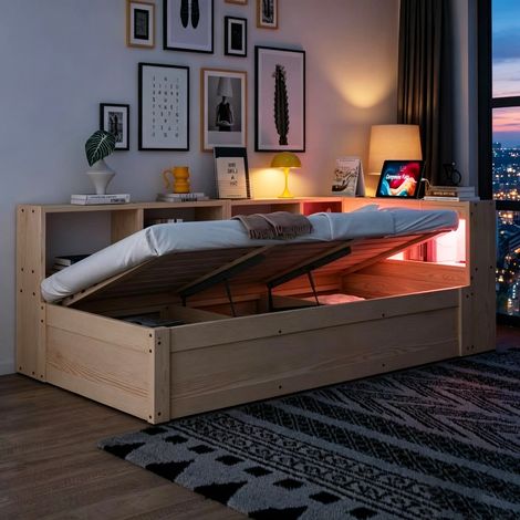 Schlafsofa 90x200 cm mit Stauraum und Hydraulikfunktion, Multifunktionsbett aus Massivholz mit LED-Beleuchtung und Steckdose, Holzfarbe (1/5)