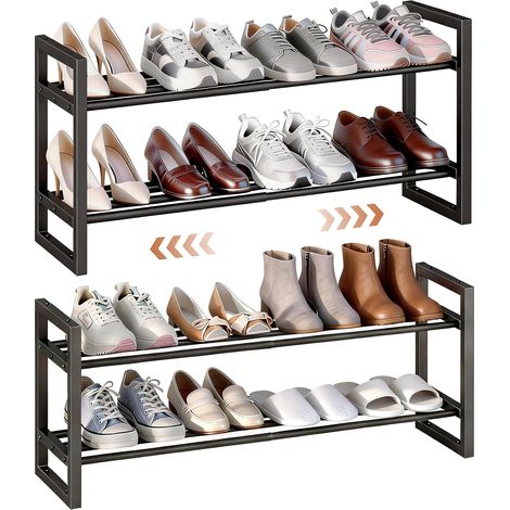 Lot de 2 Étagère à Chaussures Extensible, Porte Chaussures Réglables de 45-83cm, Gain de Place Porte Rangement Chaussures Empilable en Métal pour Petits Espaces Entrée, Noir TXJ002B-2 (1/5)