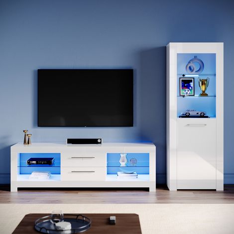 ELEGANT Living Room Set Modern High Gloss Fronts with LED Light, 1600mm TV Stand, Display Cabinet with Glass Shelf Bookcase, White (1/5)