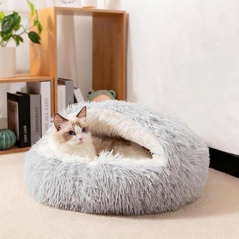 Soft Plush Dog and Cat Bed, Scallop-Shaped 50cm Cushion, Washable Pet Sofa, 50x50cm Gray Basket