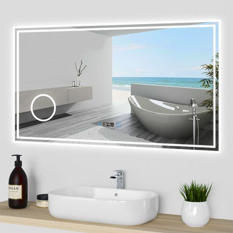AICA Specchio-Bagno-con-Luce, Specchio-Rettangolare 120 x 70 cm, Specchio a Parete, Tocco Interruttore Memoria, Antiappannamento, Regolabile 3 LED di colore, Lente d'ingrandimento 3x, Orologio (1/5)