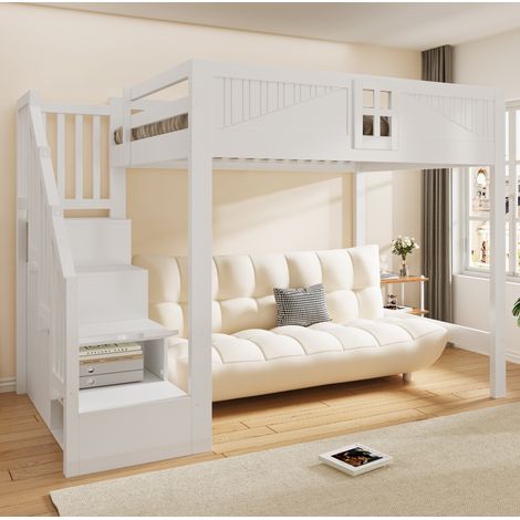 Letto soppalco 140x200 cm con contenitore, scala reversibile, salvaspazio, struttura in legno per camera - bianco (1/4)