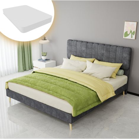 Cama tapizada (160x200 cm), con cabecero alto, colchón incluido, tejido de terciopelo y metal, gris (1/5)