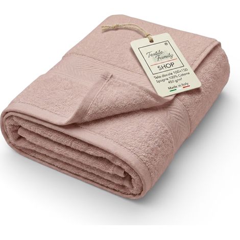 Serviette de douche rose poudre 100x150 en éponge 100 % coton 450 g/m² fabriquée en Italie