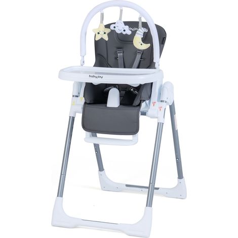 Chaise haute bébé gris foncé pliable en métal avec siège inclinable, plateau double et harnais 5 points pour repas et cuisine