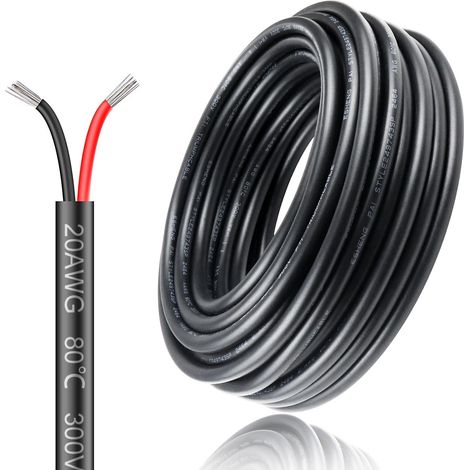 Câble électrique 20 AWG - 2 x 0,5 mm² - 20 m - Câble électrique à 2 fils - 5 V/12 V/24 V - Câble de terre en cuivre étamé - 300 V - Flexible et souple - Résistance aux températures élevées - Rallonge (1/5)