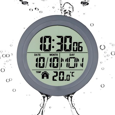 Digitale Duschuhr mit LCD-Anzeige, geräuschlos und wasserdicht, Wanddekoration, Saugnapfhalterung mit 4 Saugnäpfen, zeigt Uhrzeit, Temperatur, Datum und Wochentag an.