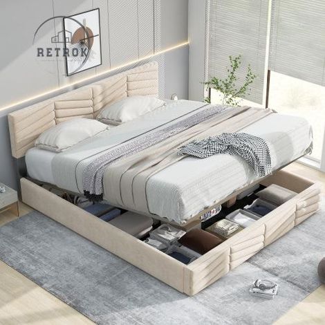 Lit coffre double 140x200cm pour 2 places, Lit hydraulique en velours, Style rayure, Tête de lit réglable en hauteur, Beige
