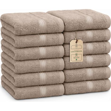 Luxe Set de 12 Gants de Toilette – 100% Coton, Doux & Absorbant, Entretien Facile, Serviettes Premium pour Le Visage, 30×30 cm, Sable/Beige (1/5)