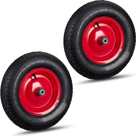 Roue de brouette caoutchouc, lot de 2, 3 adaptateurs par roue, axe, essieu 4.80 4.00-8, jusqu'à 120 kg, noir - rouge