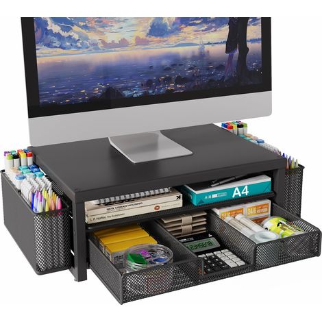Métal Rehausseur Écran PC Bureau, Support Moniteur Bureau avec Tiroir et 2 Porte-Stylo, Organisateur de Bureau Rangement, Noir,Lot de 1