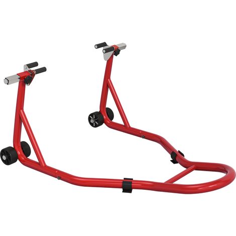 Support moto avec goupille réglable, béquille avant rouge et adaptateurs pour bras oscillant (1/5)